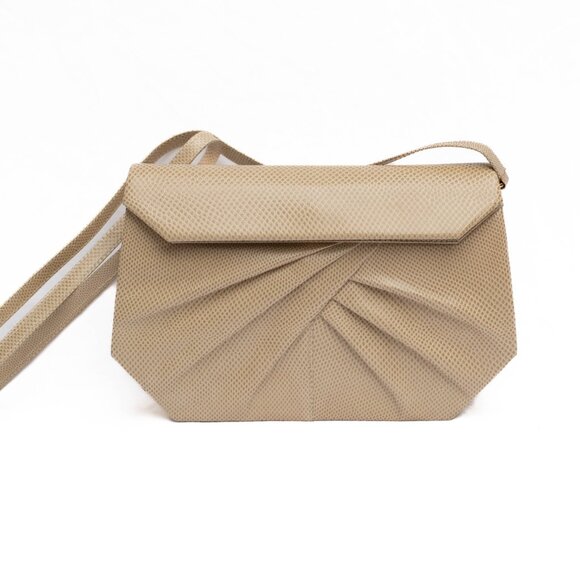 VTG RENE MANCINI Paris Tan Snakeskin Pleated Clutch Purse Evening Bag 9"W - Picture 2 of 10